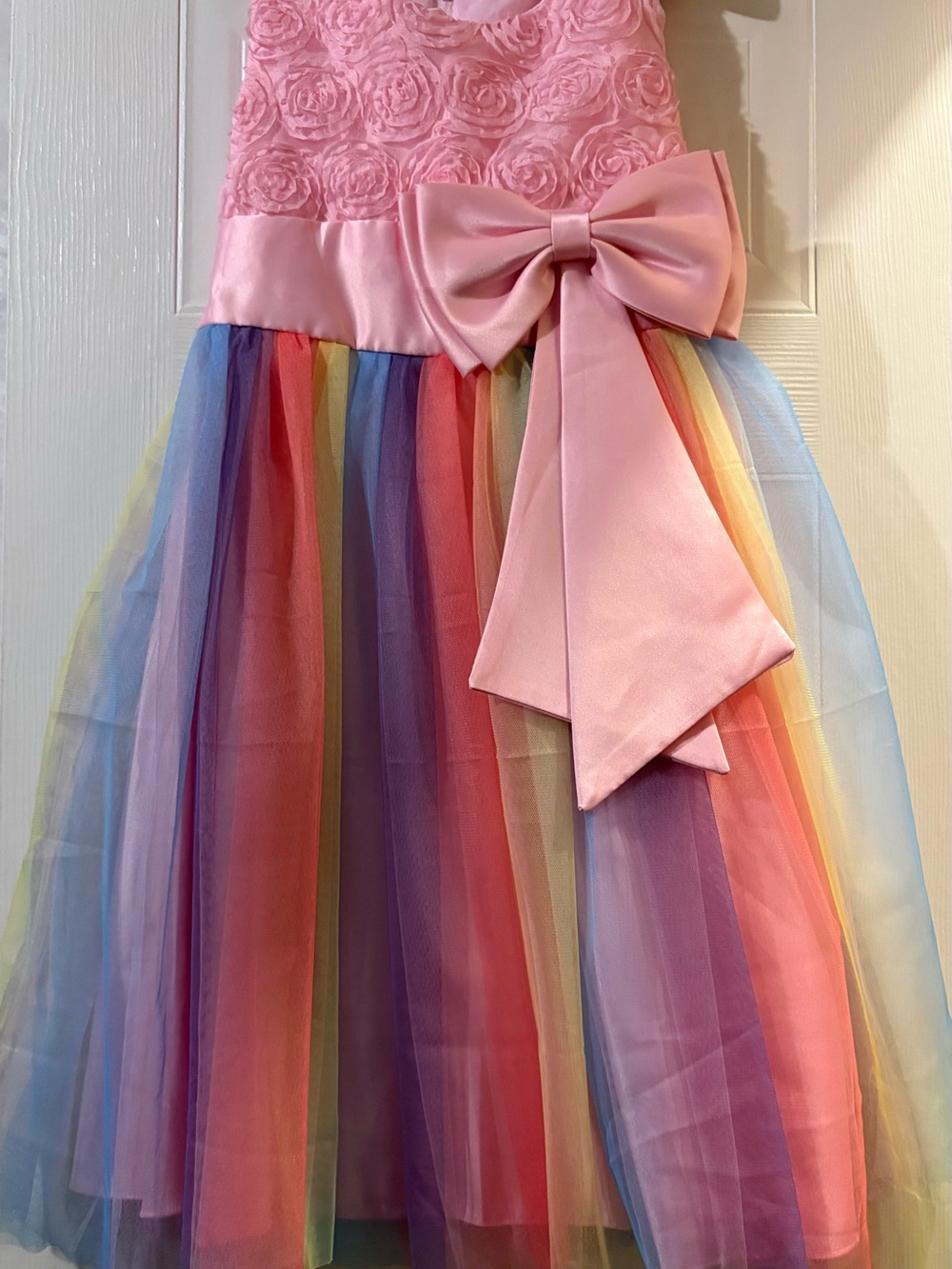 Pink Rosette Bodice Rainbow Tulle Skirt Kids Dress